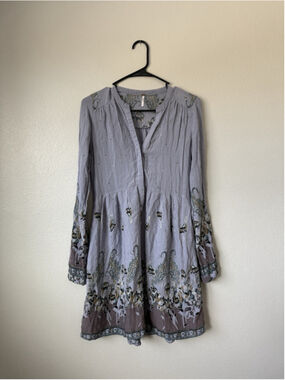 Free People Lavender Gray Paisley Border Mini Dress Long Sleeve S